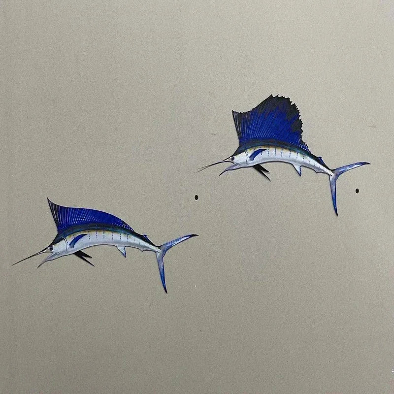 sculpture métal poisson sailfish swordfish réaliste bleu noir décoration murale salon chambre art