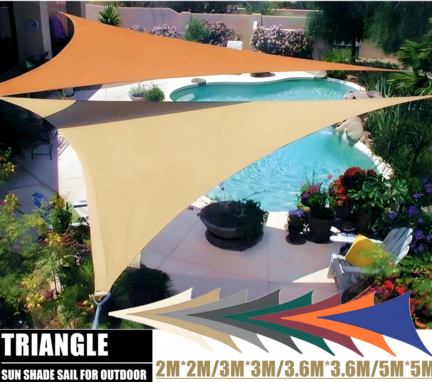 Voile d'ombrage triangulaire bleue installée sur une terrasse