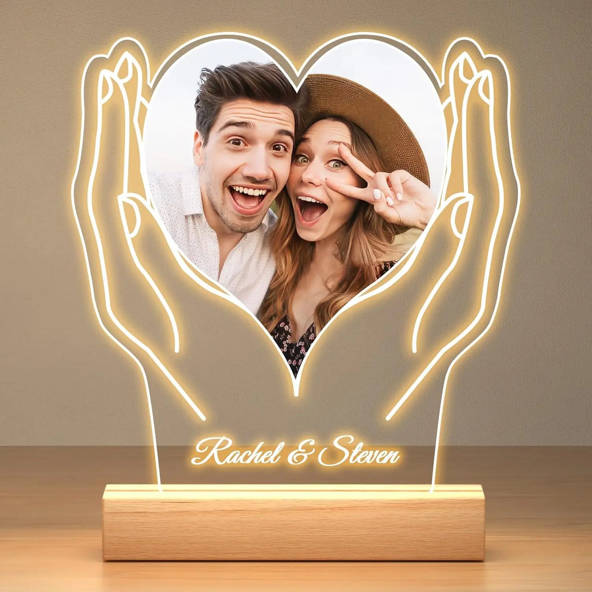 lampe led cœur personnalisable texte motifs mains anges veilleuse bois moderne déco blanc beige