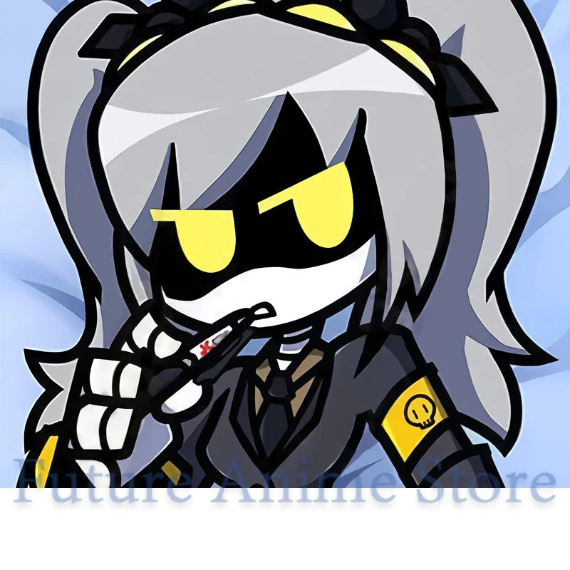housse coussin anime gris noir personnages stylisés oreilles pointues yeux jaunes vêtements détails jaunes