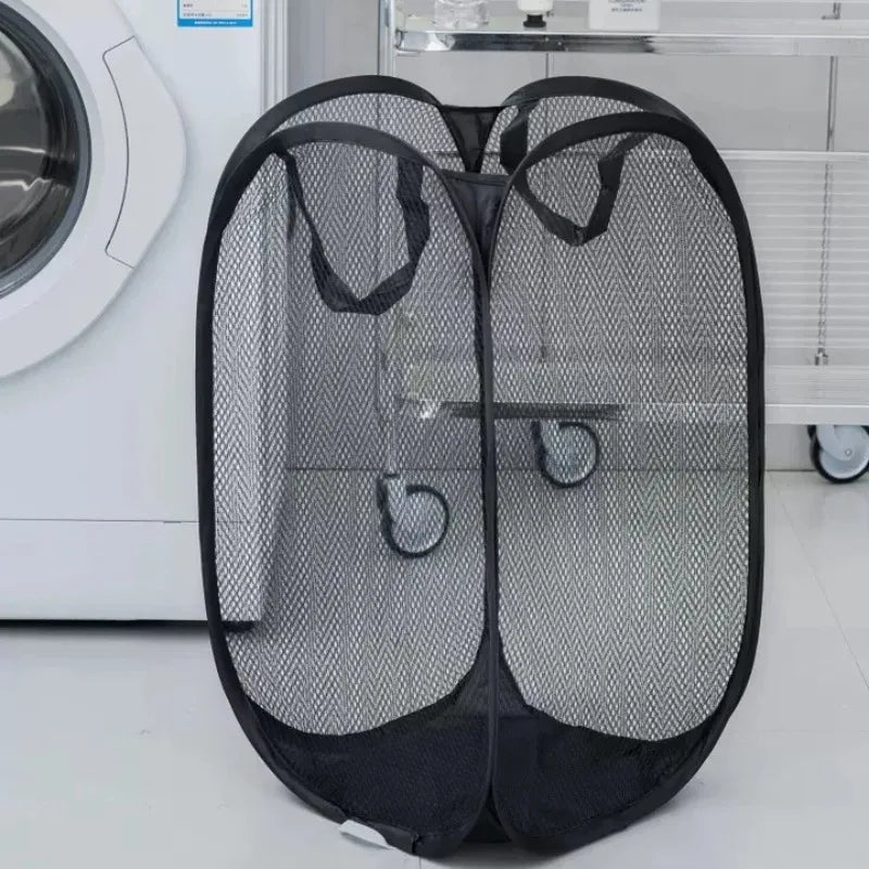 panier linge pliable polyester maille noir moderne poignées renforcées poches
