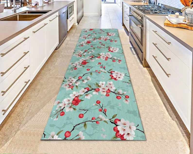 tapis long fleurs cerisier rose noir blanc salon chambre antibactérien absorbant