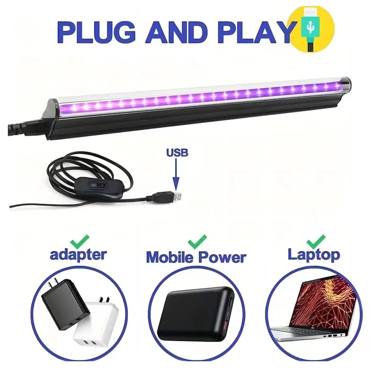 lampe uv led noire fluo détection fluorescence scène dj portable adaptateur usb