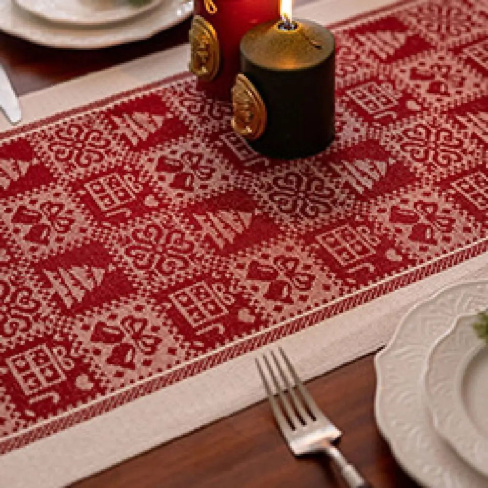 table noël chemin rouge motifs rennes sapins étoiles traditionnel festif coton polyester
