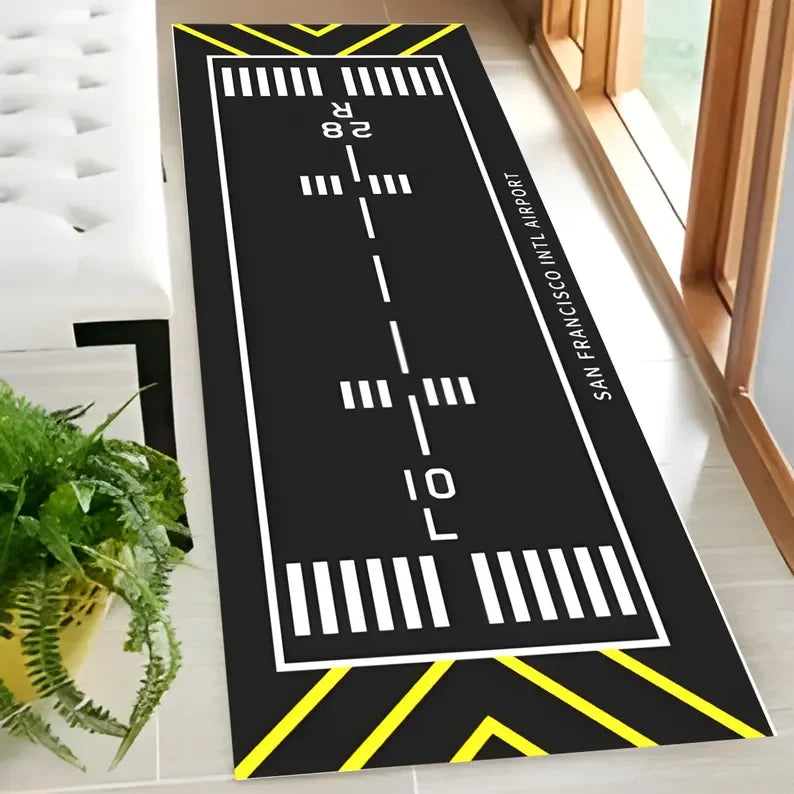 tapis moderne piste aéroport vert gris noir blanc décoratif extérieur salon chambre aubusson flocage