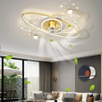 ventilateur moderne sphères blanches anneaux dorés télécommande lumière led salon luxe