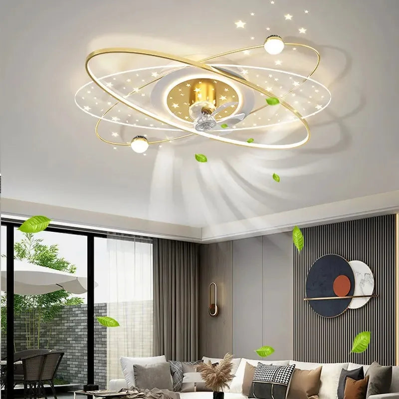 ventilateur moderne sphères blanches anneaux dorés télécommande lumière led salon luxe