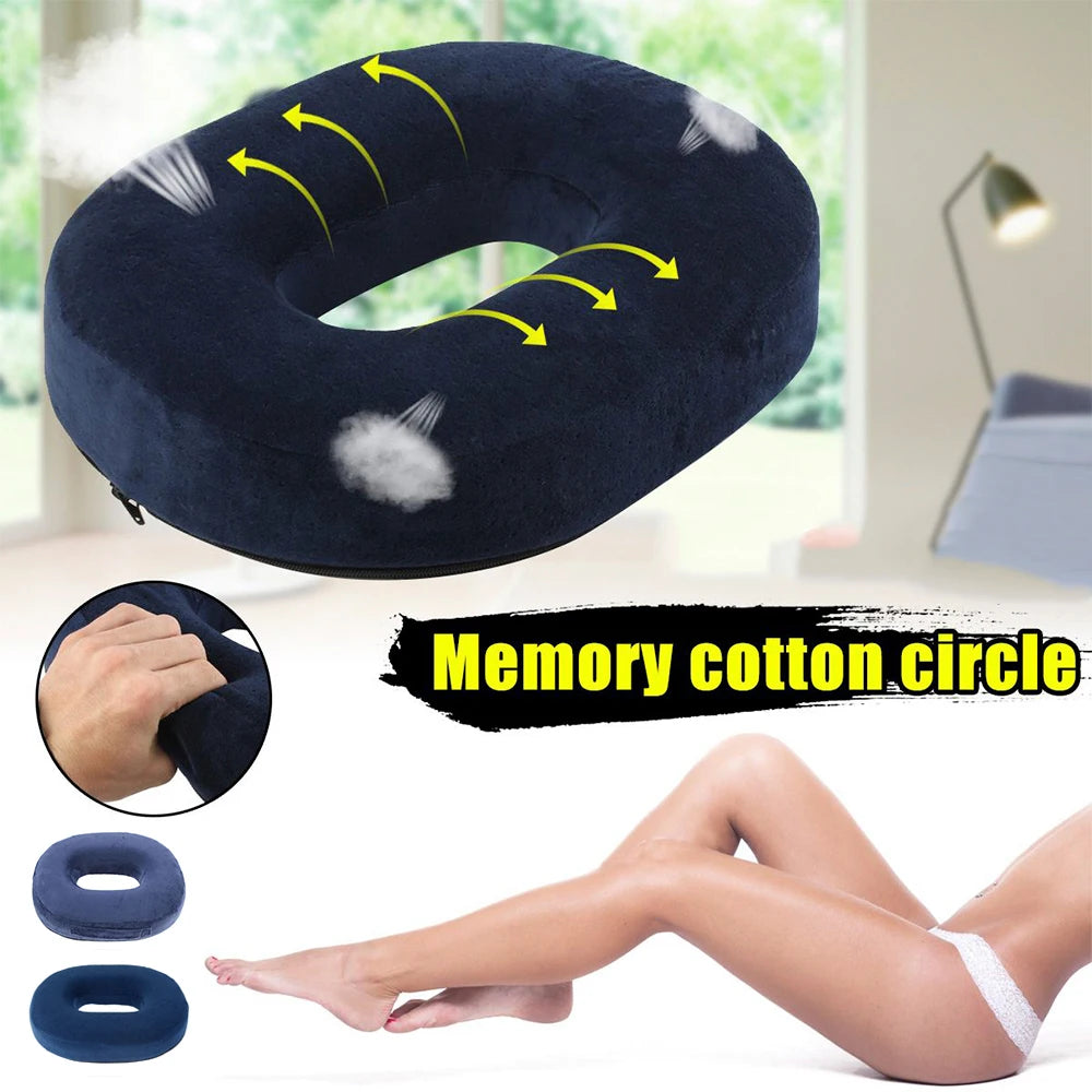 coussin donut bleu foncé velours mousse mémoire forme arrondie anti décubitus confortable adhésif amovible