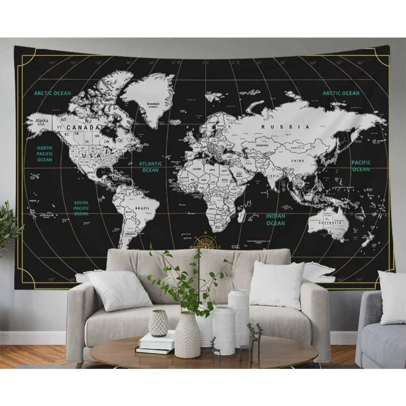tapisserie murale carte monde aquarelle géographique classique noir blanc gris vert