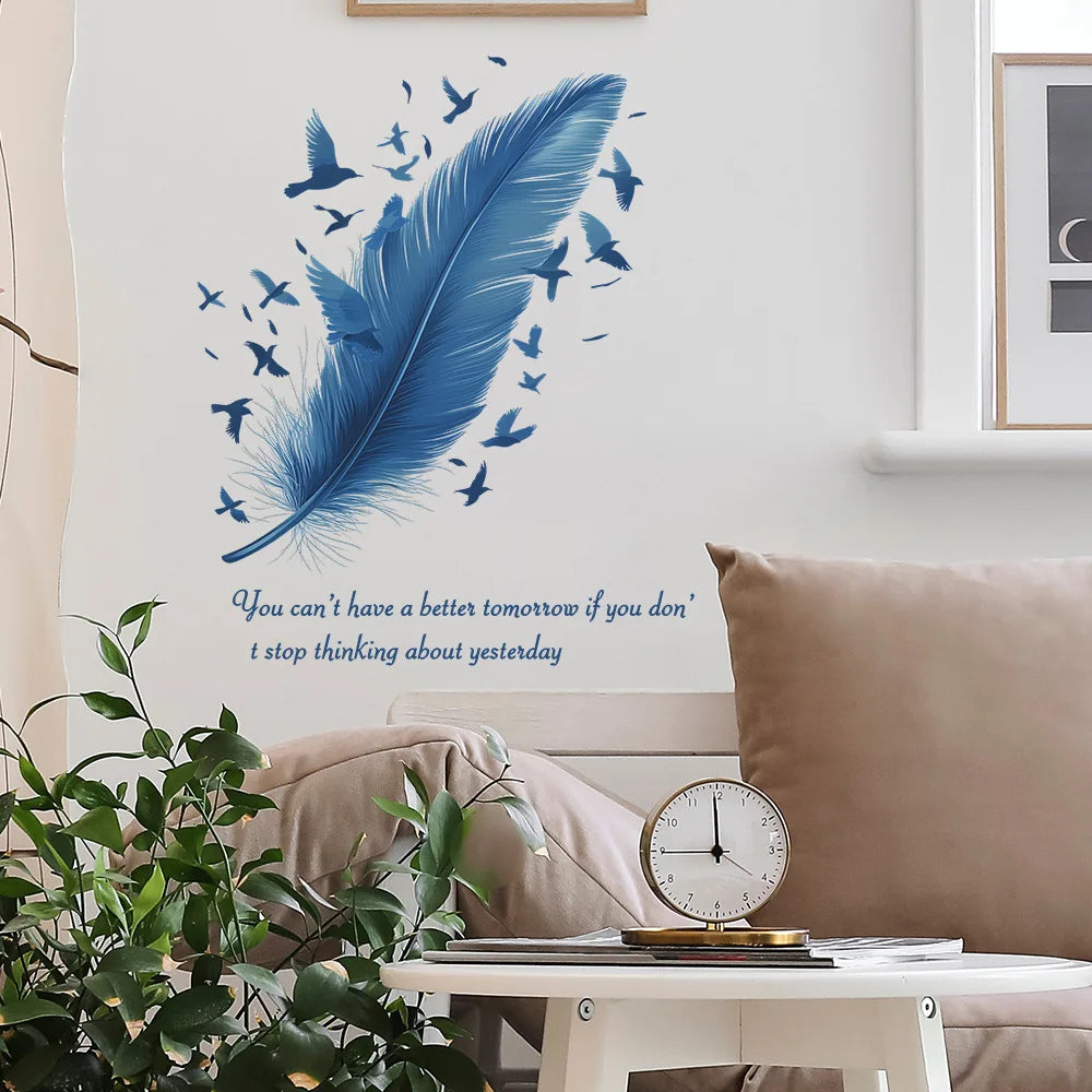 sticker mural moderne plumes oiseaux volant bleu adhésif résistant eau dimension 65x53 cm chambre