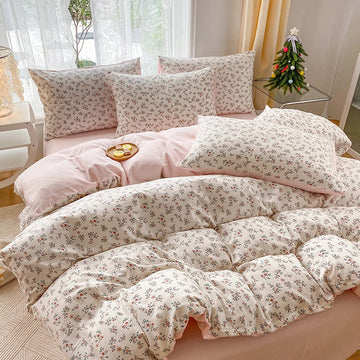 ensemble literie coton blanc rose fleurs moderne doux housse couette taies oreillers ruban serrage