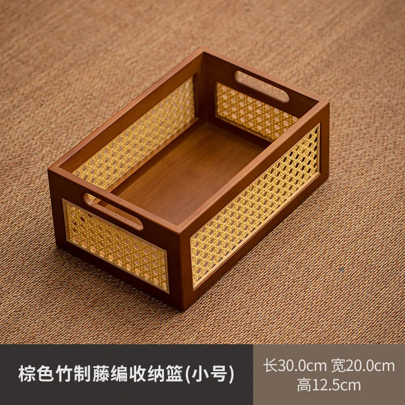panier rangement rotin boîte rangement moderne tissu géométrique poignées métal bois marron clair tissu