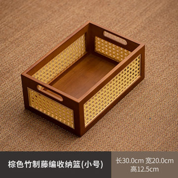 panier rangement rotin boîte rangement moderne tissu géométrique poignées métal bois marron clair tissu