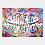 L'image est un portrait abstrait coloré et vivant, avec des formes et des motifs organiques évoquant la nature et la vie.