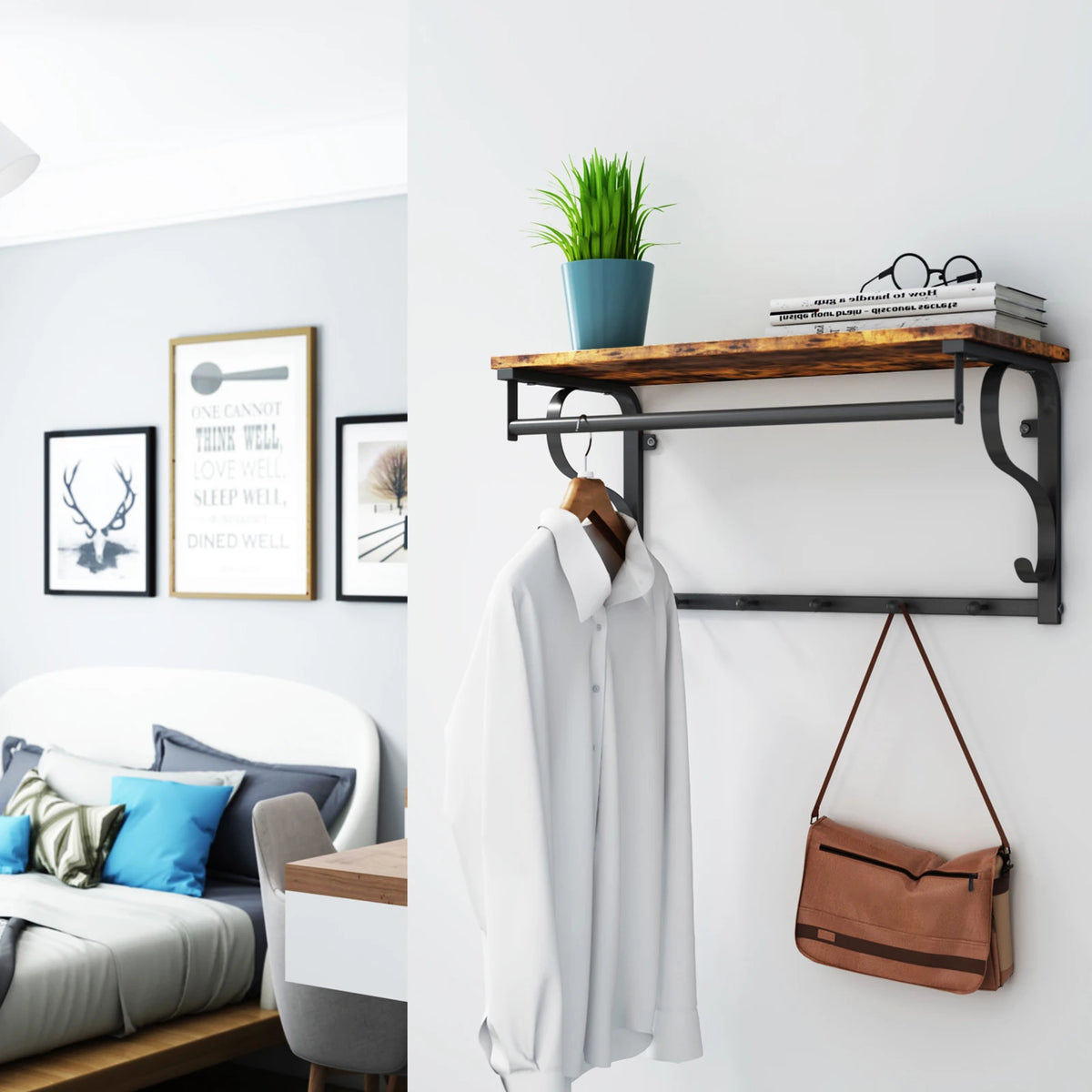 Porte-manteau mural installé dans un couloir avec manteaux et accessoires
