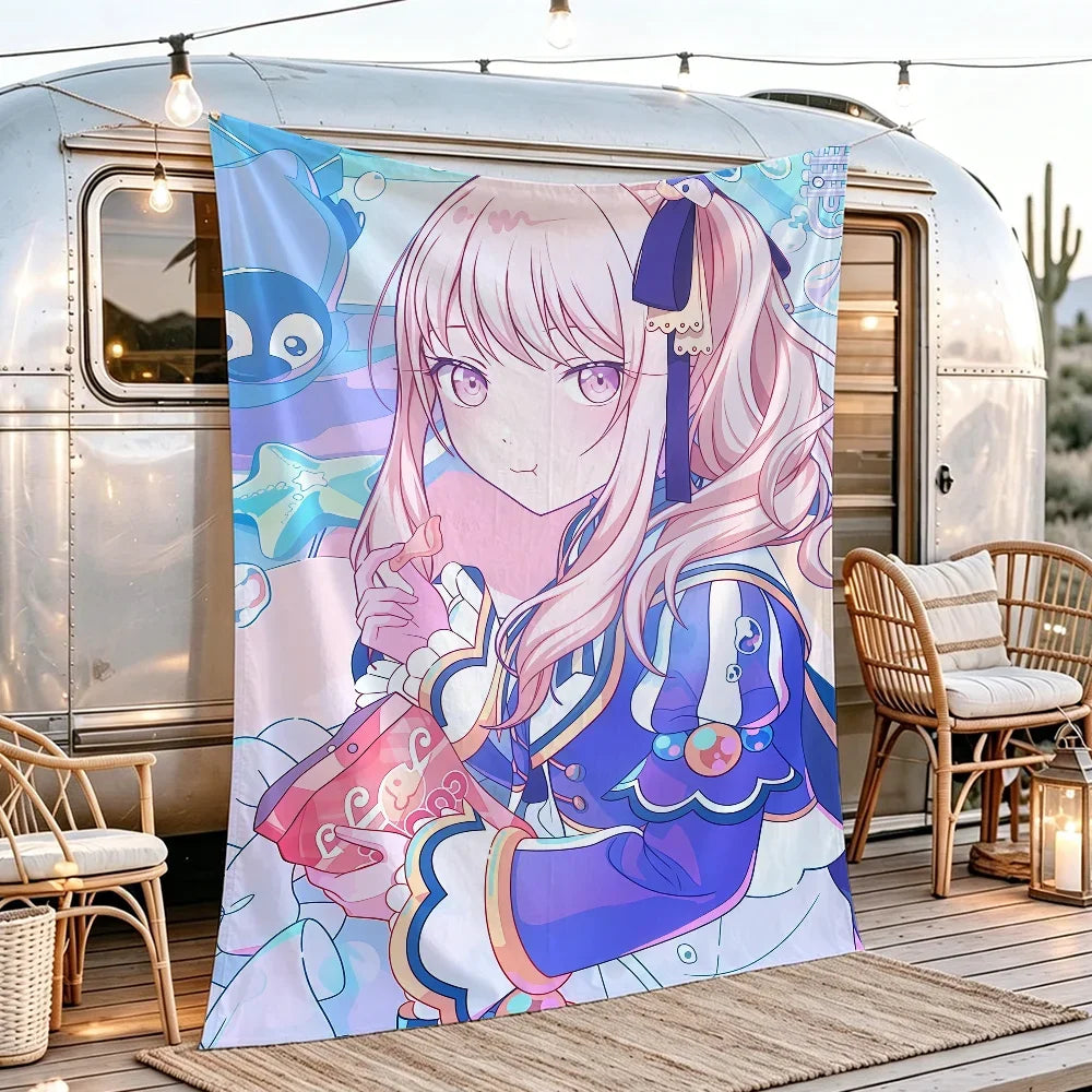 tapisserie murale anime illustration fille cheveux roses robe bleue tasse clips chambreDecoration