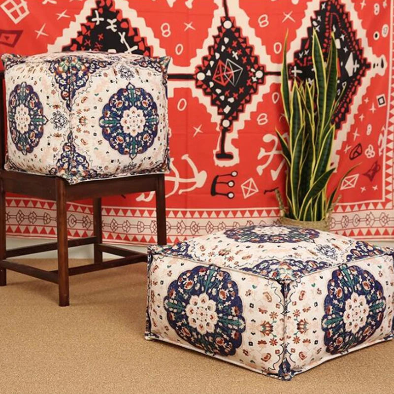 coussin sol orange bleu ethnique motifs floraux traditionnels carreaux coton polyester