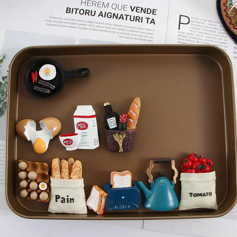 aimants décoratifs miniatures aliments baguette tomates lait oeufs vin ménage cuisine