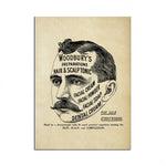 Il s'agit d'une image d'époque montrant un homme avec une moustache et de beaux cheveux, avec de la publicité pour les produits capillaires et de soins du visage de la marque Woodbury.