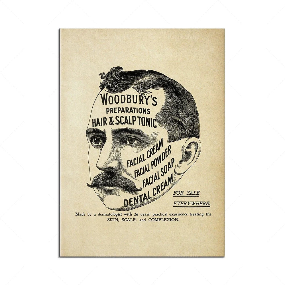 Il s'agit d'une image d'époque montrant un homme avec une moustache et de beaux cheveux, avec de la publicité pour les produits capillaires et de soins du visage de la marque Woodbury.