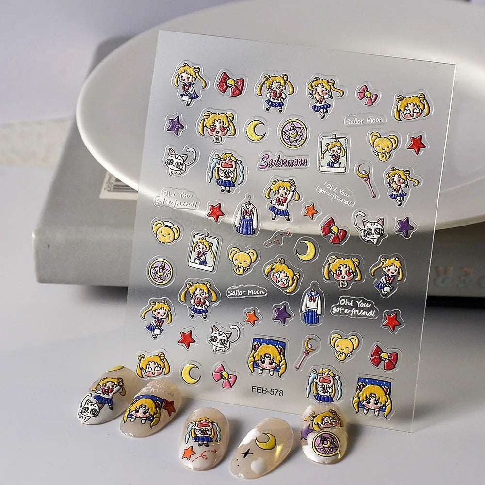 autocollants ongles relief dessins animés personnage Sailor Moon coiffure étoile lunettes accessoires transparentes cartoon