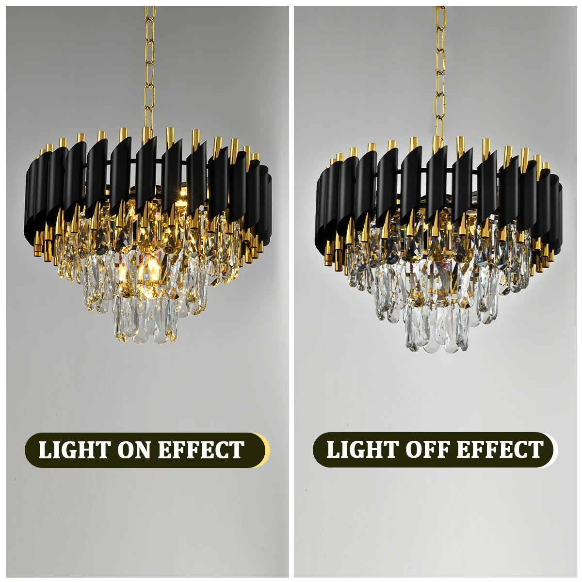 lustre contemporain élégant noir doré cristal transparent ampoules led 100cm large