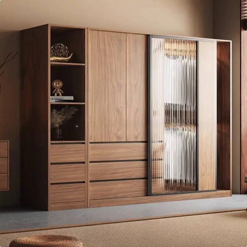 armoire portes coulissantes moderne bois naturel noir étagères tiroirs minimaliste chambre coucher