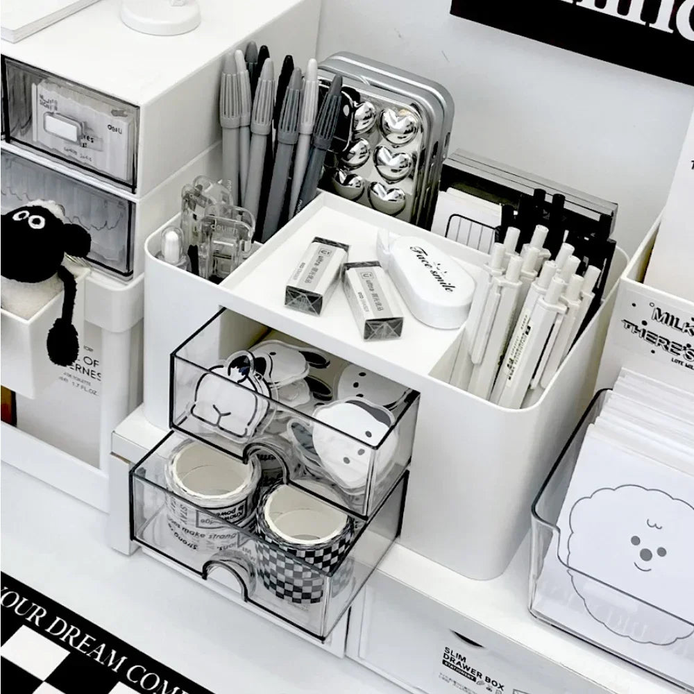 Boîte tiroir rangement stylos et cosmétiques brune