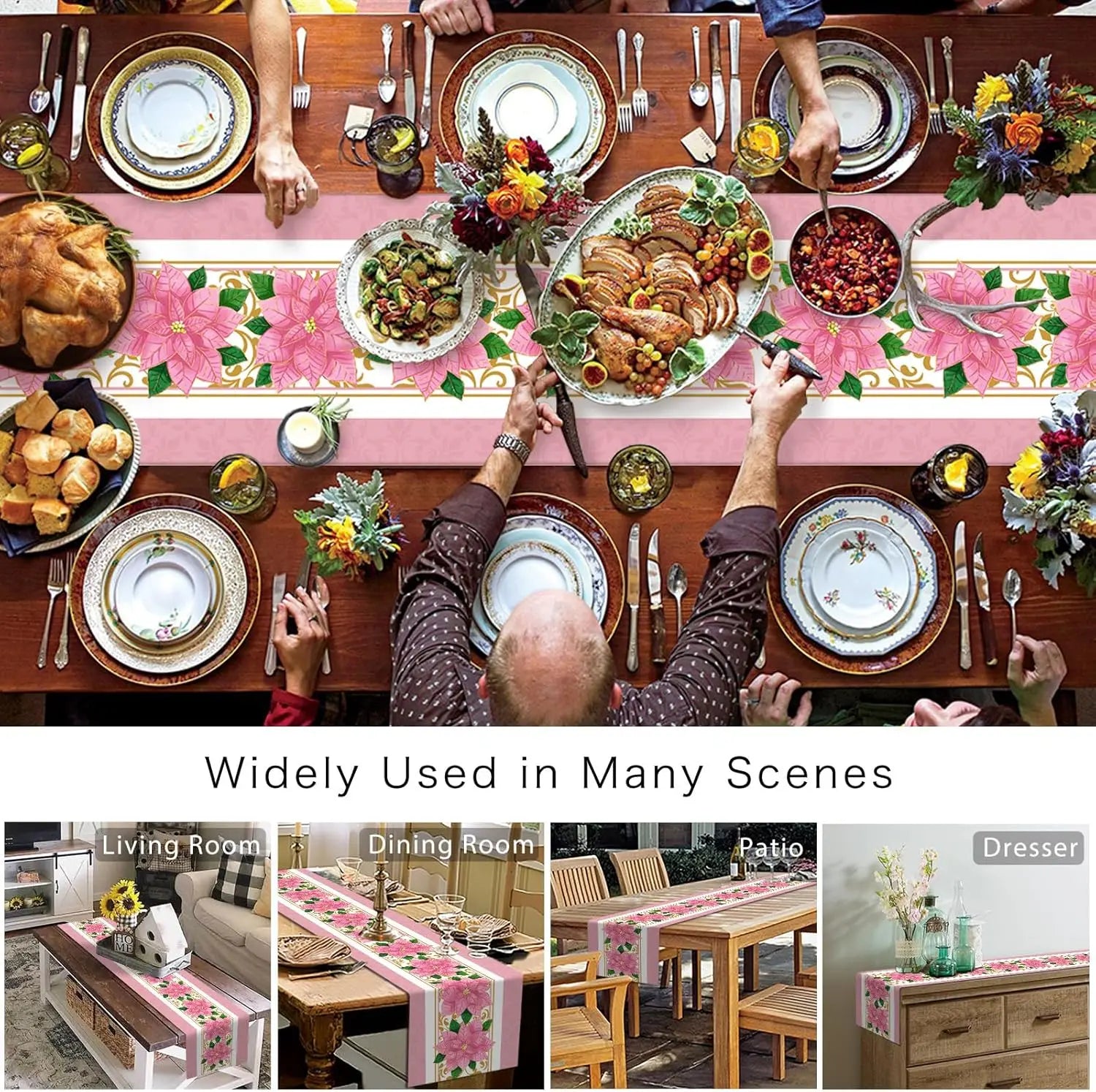 Cette image montre une table richement garnie de plats et d'assiettes décoratifs, entourée de personnes prêtes à partager un repas convivial. Le texte indique que ce type de décoration peut être utilisé dans de nombreuses situations, comme le salon, la salle à manger, le patio ou la chambre.