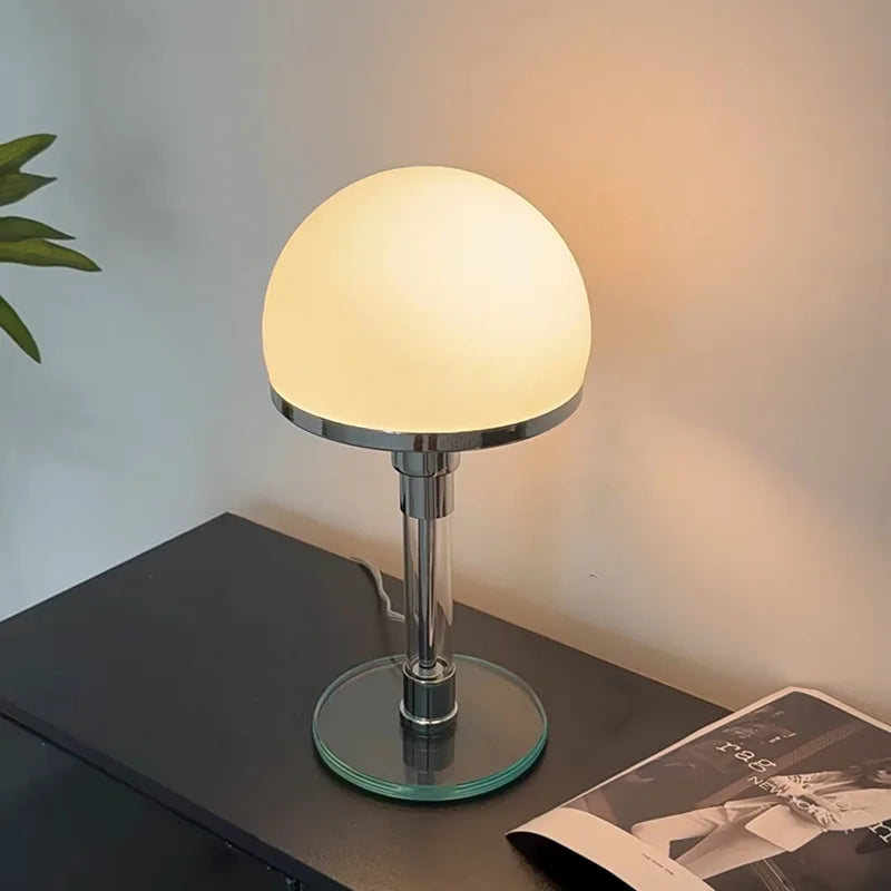 lampe table moderne boule verre blanc chrome interrupteur bouton led e27