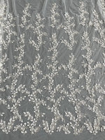 tissu décoratif gris clair feuilles relief sequins semi transparent brodé élégant polyester 150cm 128cm