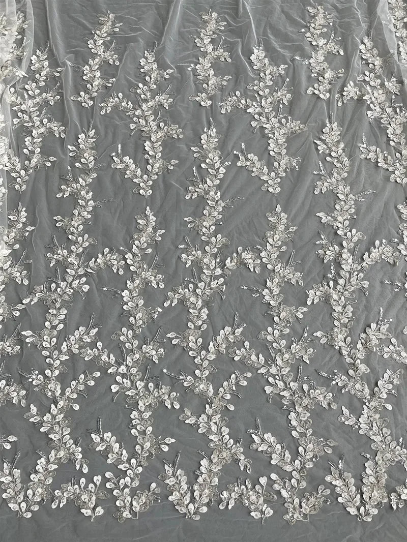 tissu décoratif gris clair feuilles relief sequins semi transparent brodé élégant polyester 150cm 128cm