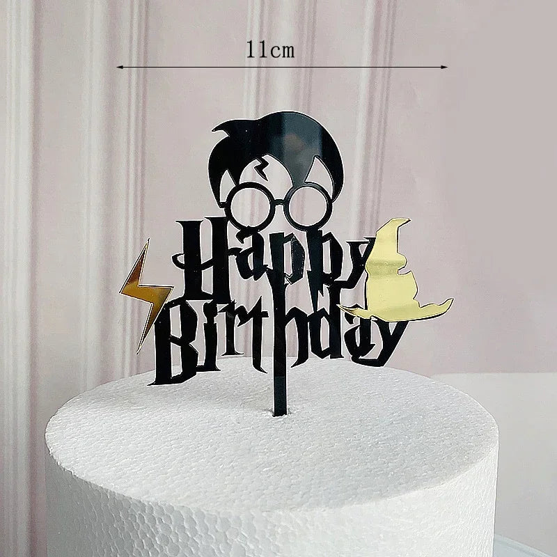 décoration gâteau anniversaire harry potter étoiles chapeau lunettes balai noir