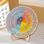 tableau d'affichage multicolore circulaire moderne sections colorées texte explicatif support bois
