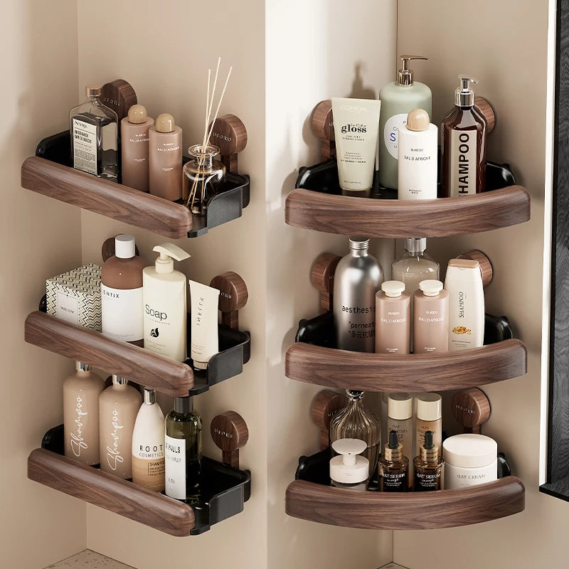 étagère salle bain bois foncé moderne minimaliste adhésive réutilisable cosmétiques organisation papeterie objets divers
