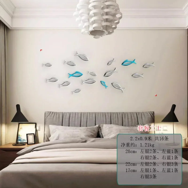 décoration murale poisson 3d moderne plastique adhésif argent bleu or salon