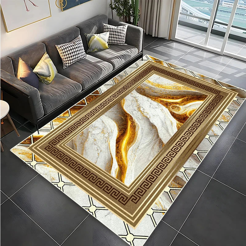 Tapis décoratif avec motifs géométriques dorés et textures de marbre, créant une atmosphère sophistiquée dans le salon.