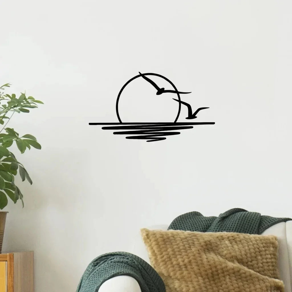 sticker mural minimaliste soleil oiseaux eau noir salon chambre decoration métal illustration simple suspensible