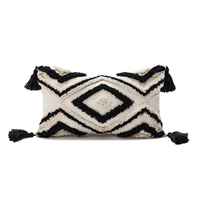 coussin carré boho chic motif géométrique vert noir moutarde franges adhésif déco salon chambre