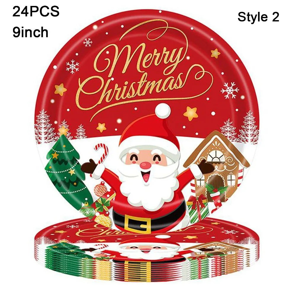 vaisselle noël 24 pièces assiettes fourchettes couteaux serviettes père noël motifs traditionnels rouge blanc