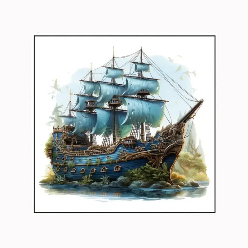 autocollant mural bateau voiles détails floraux art marin bleu vert beige noir pvc mural