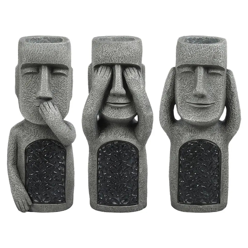 statues moai décoratives extérieures pots fleurs texture pierre motif floral gris noir