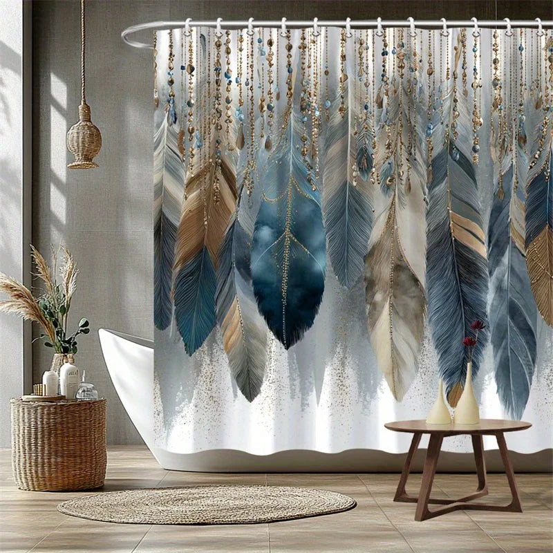 rideau douche boho chic plumes bleu beige opacité tissu polyester robuste lavable machinecoration salle