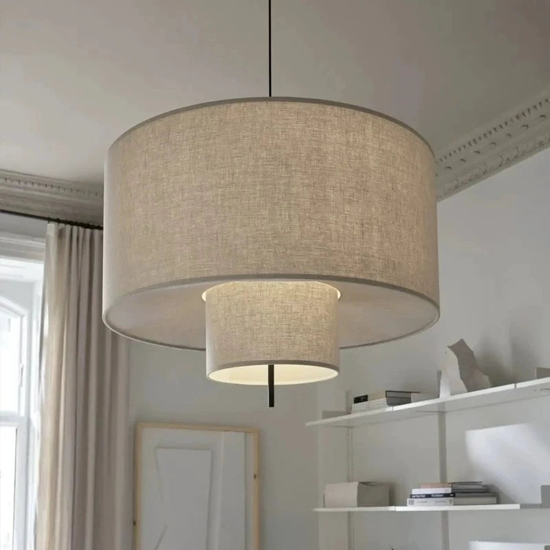 Suspension lumineuse moderne toile lin beige clair câble noir opaque chambre salon