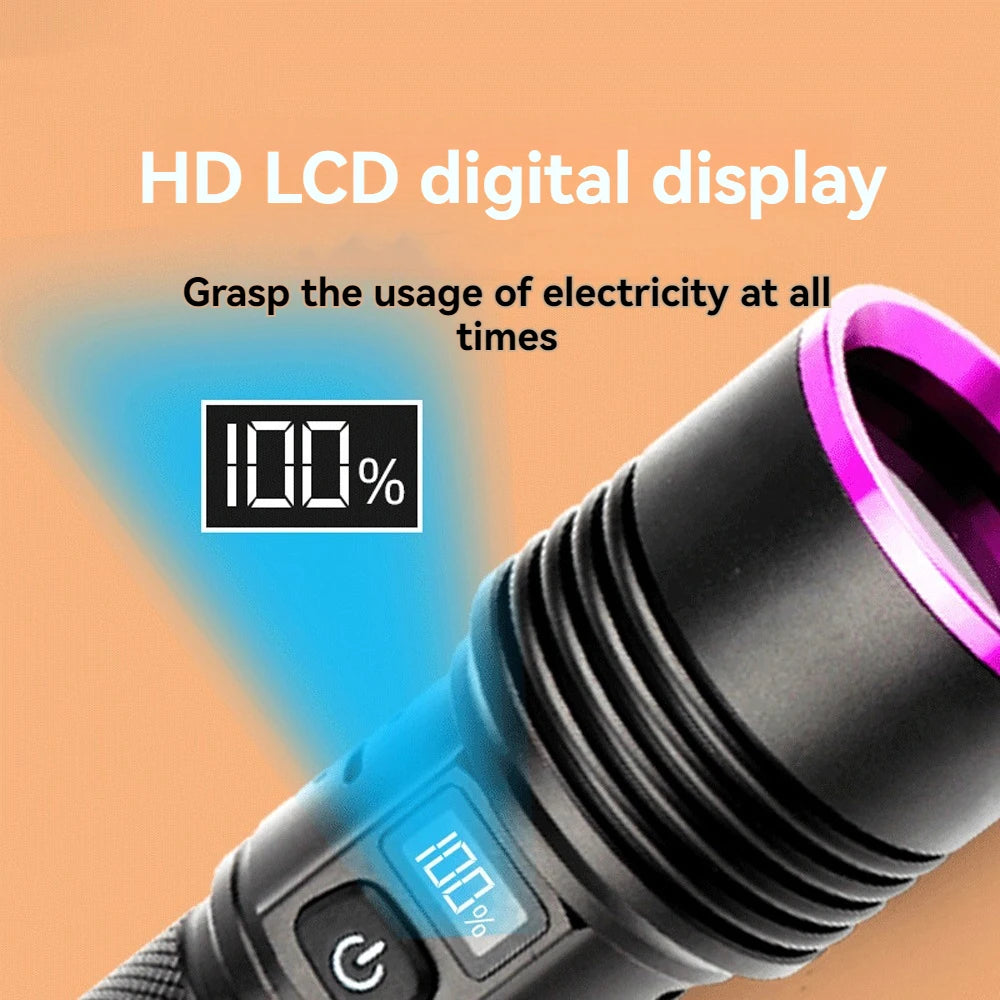 lampe torchon uv led rechargeable anti choc autodéfense affichage lcd texture anti glisse noire