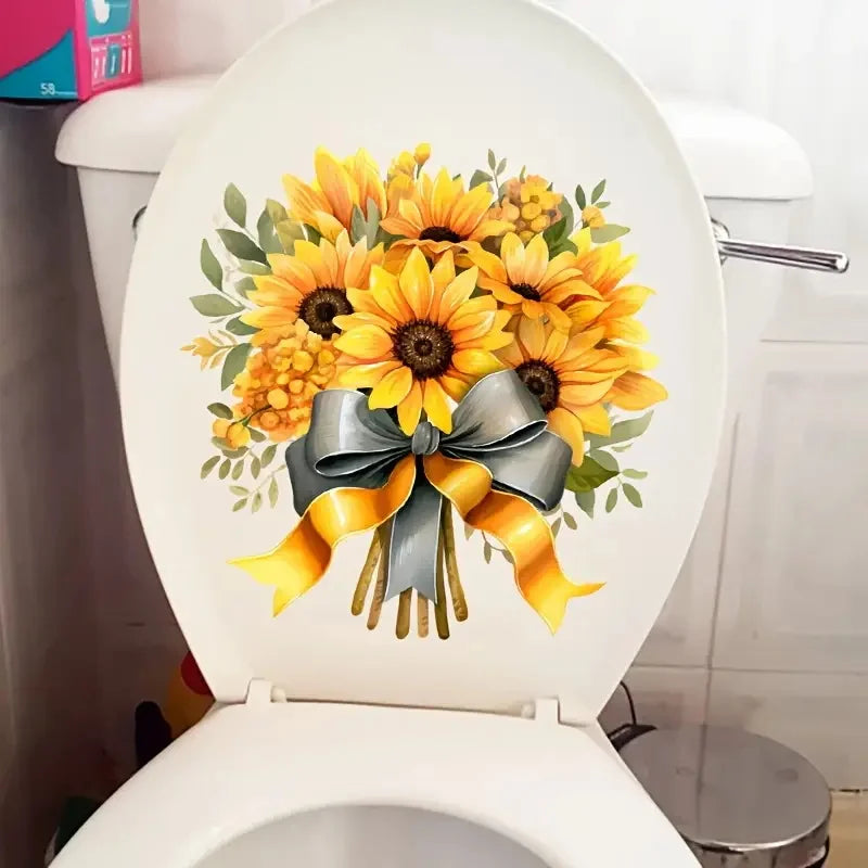 autocollants toilette moderne tournesols jaunes rubans gris vinyle pvc opaque décoration maison blanc