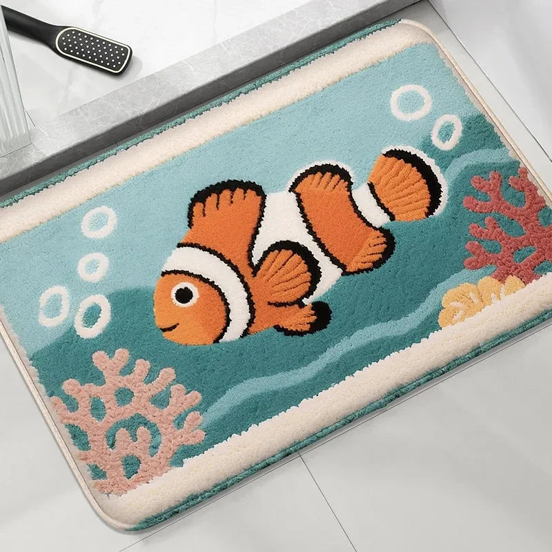 tapis sol antidérapant moderne poissons coraux bienvenue bain salon bébés bleuclair orange