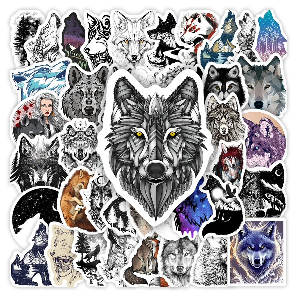 sticker adhésif waterproof loup paysage nocturne visage féminin motifs géométriques multi couleur art numérique