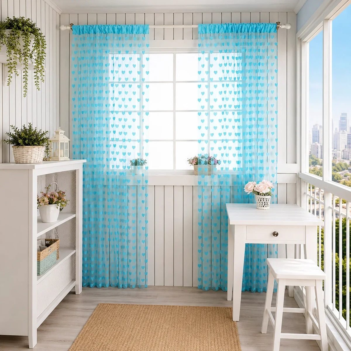 rideau moderne rose bleu blanc coeurs transparent 1m 2m maison polyester