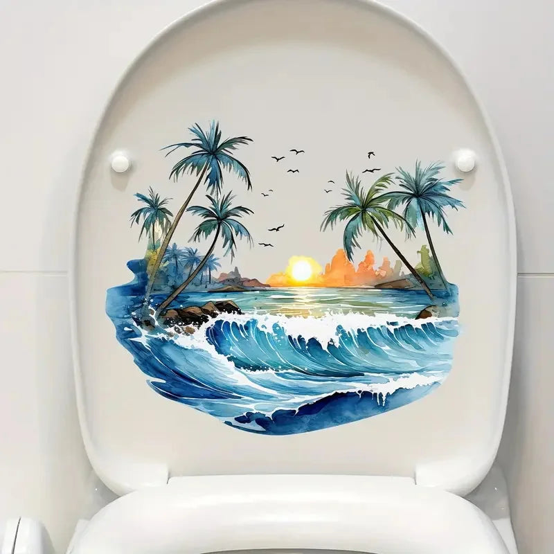 autocollants muraux réutilisables pvc paysage marin palmiers coucher soleil toilette moderne nature morte decorationintérieur